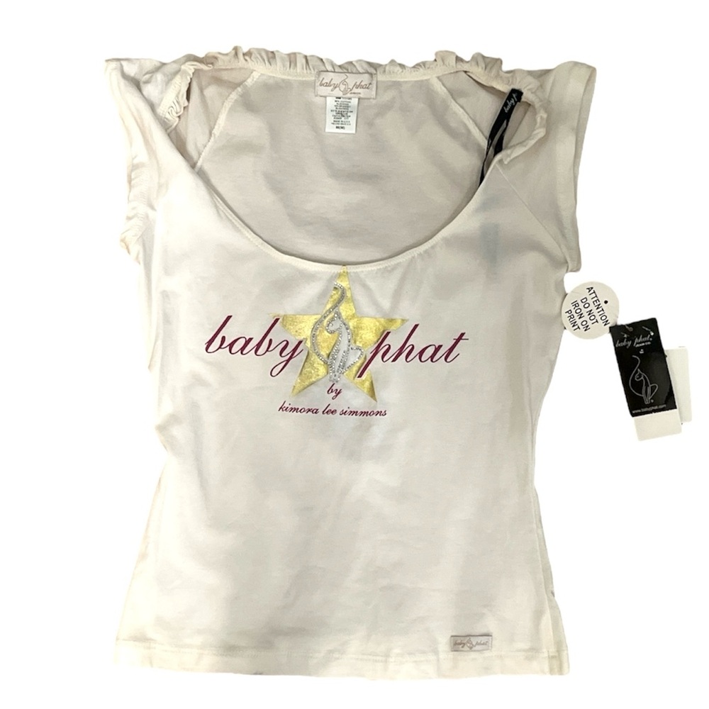 Off white cream baby phat ruffle sleeve tank top  gold star and silver details